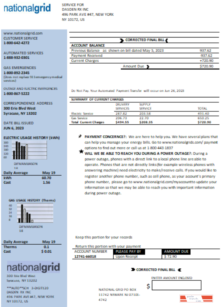 New York National Grid utility business bill, Word and PDF template SCR PSD template